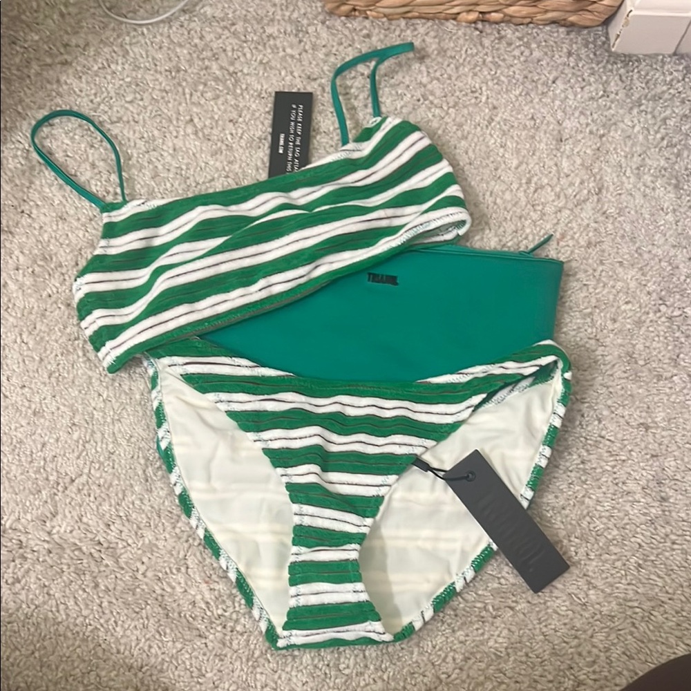 Green and White Striped Bikini Set